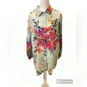 Soft Surroundings Sheet Floral Tunic Button Down with pockets. Size PL Petite Lg